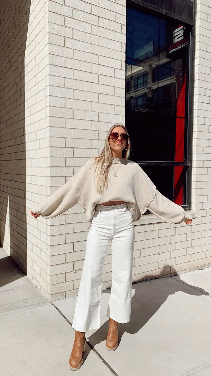 White Wide-Leg Jeans and Brown Boots 